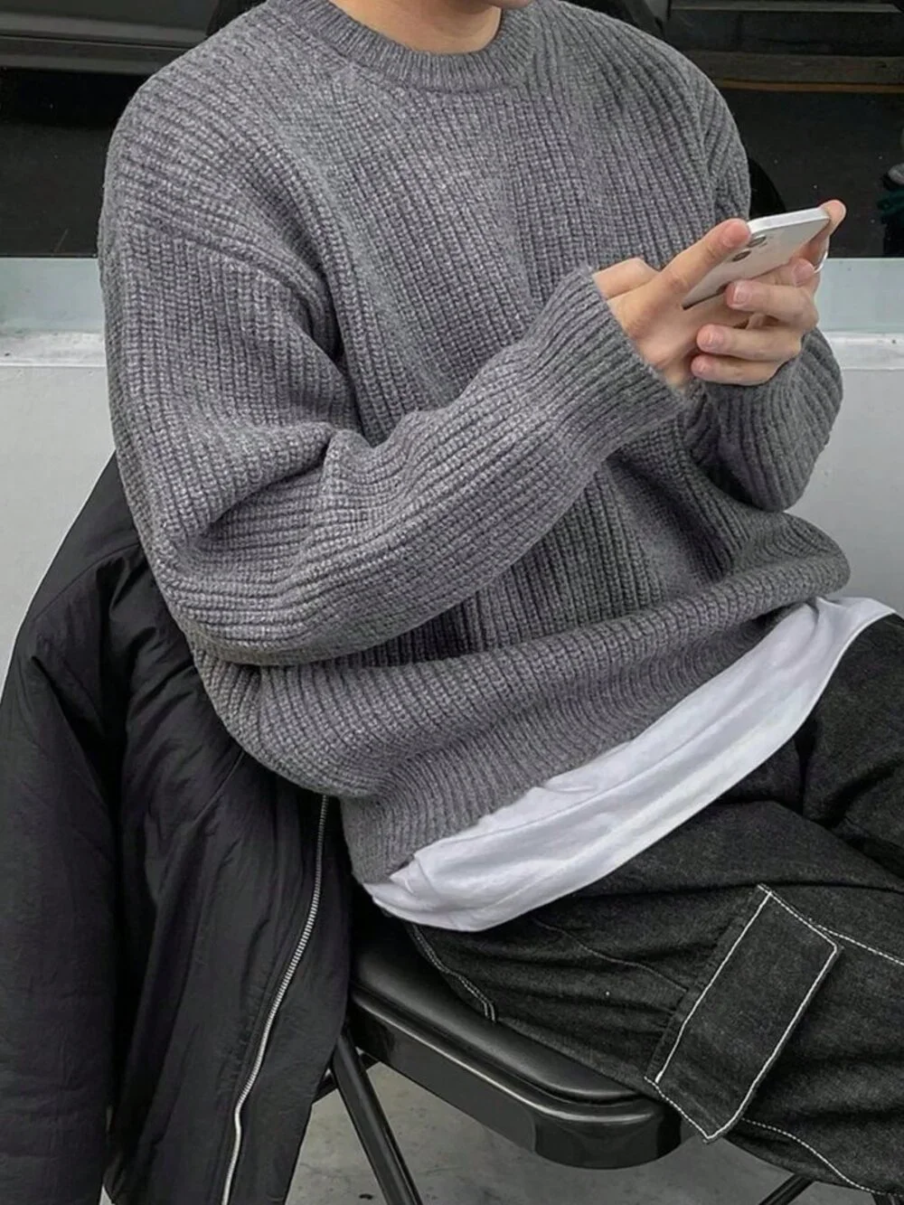 Grey Casual Men's Long Sleeve Drop Shoulder Crew Neck Sweater